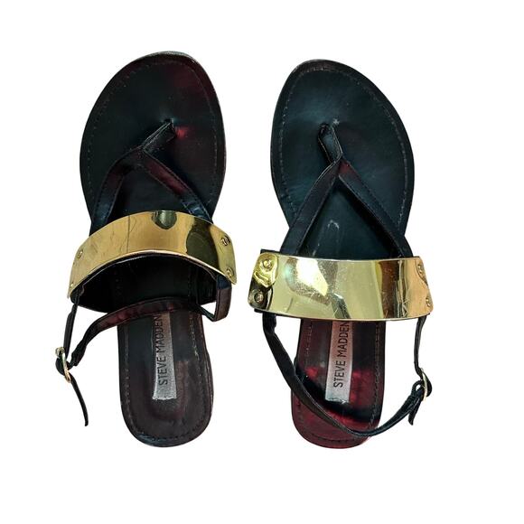 Steve Madden Womens 8 Cale Gold Cuff Panel Thong Sandals Black Shoes Slip Ons - Picture 1 of 10